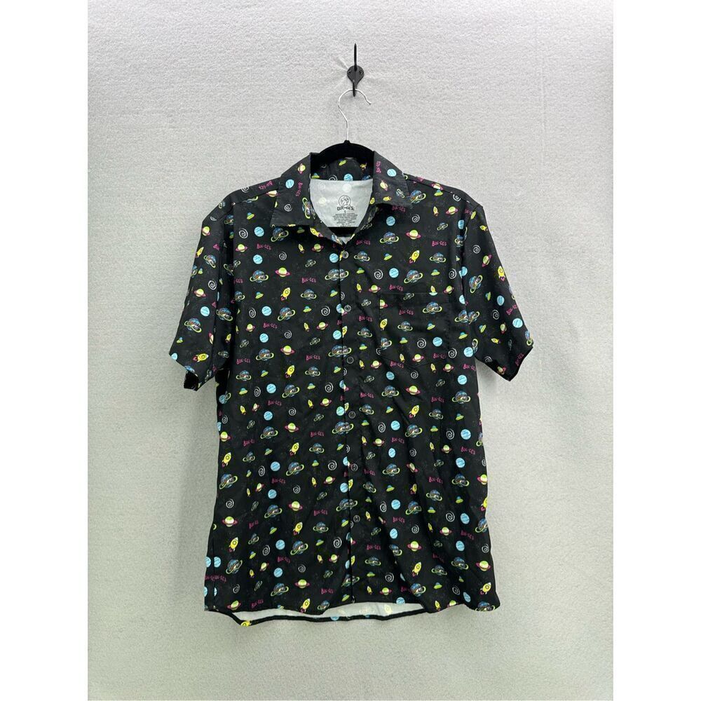 Buc-ees Mens Black Stretch Space Planets Short Sleeve Button Up Shirt Size Small